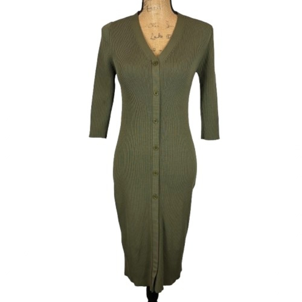 Love Bonito Lucaya Ribbed Knit Bodycon‎ Midi Dress Olive Green Button Up Size 4